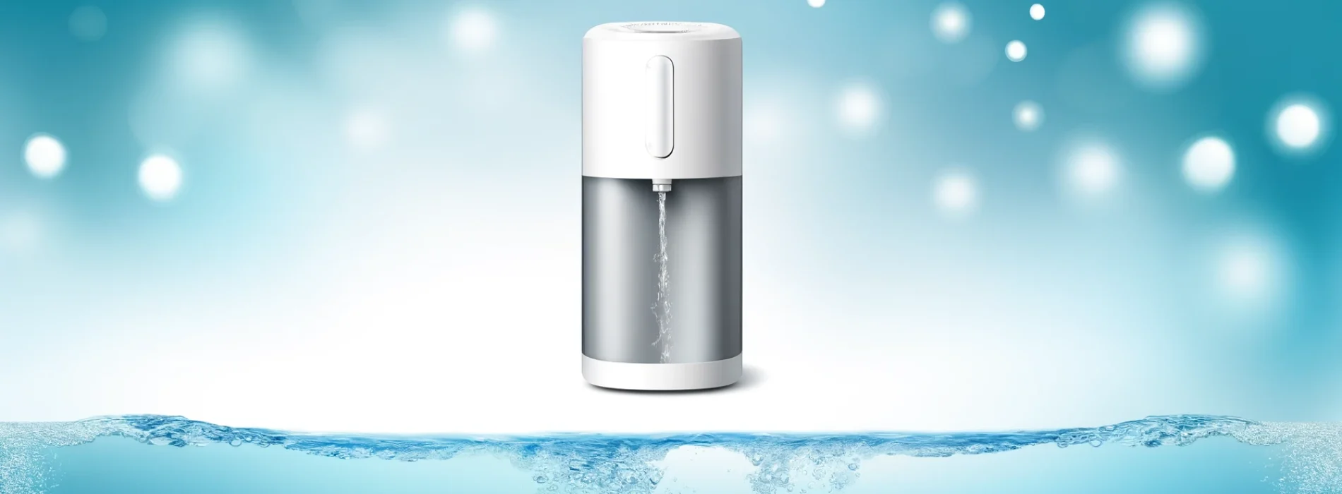 DALL·E 2024-10-03 11.34.16 - A clean and modern banner for a water filter website, showcasing a sleek and elegant water purifier at the center with fresh, crystal-clear water flow