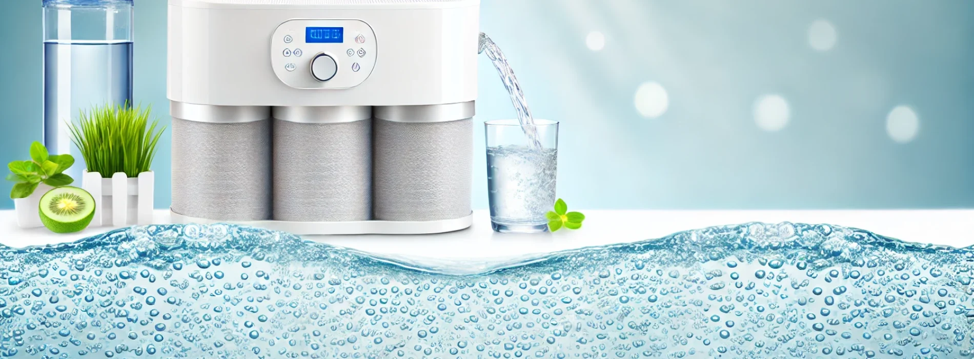DALL·E 2024-10-03 11.34.20 - A clean and modern banner for a water filter website, showcasing a sleek and elegant water purifier at the center with fresh, crystal-clear water flow