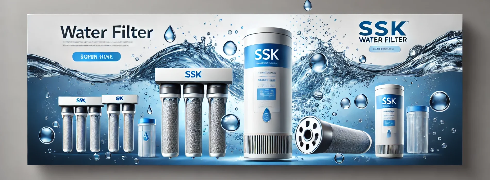 DALL·E 2024-10-03 11.37.13 - A modern and eye-catching rectangular banner for SSK Water Filter, featuring high-quality images of water filters. The design should be sleek, clean,